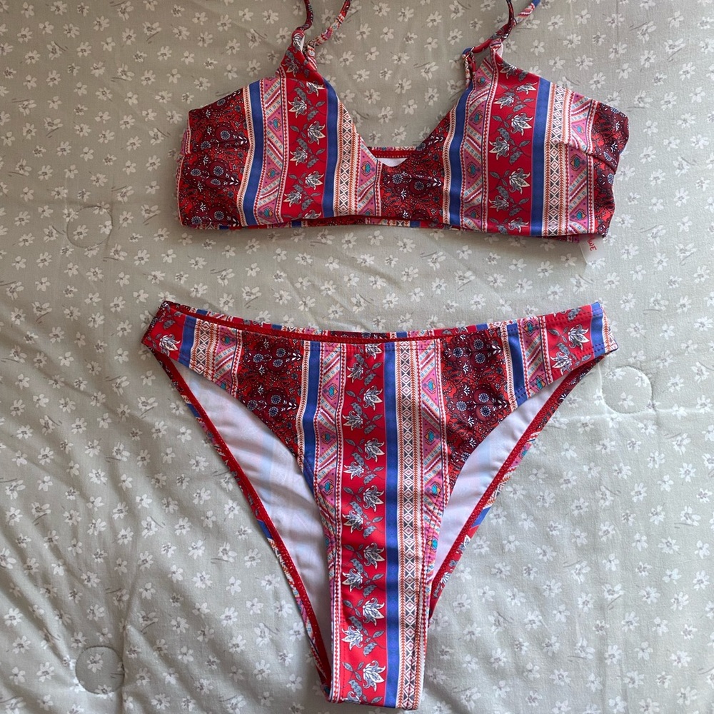 Red multicolored high wasted bikini romwe shein